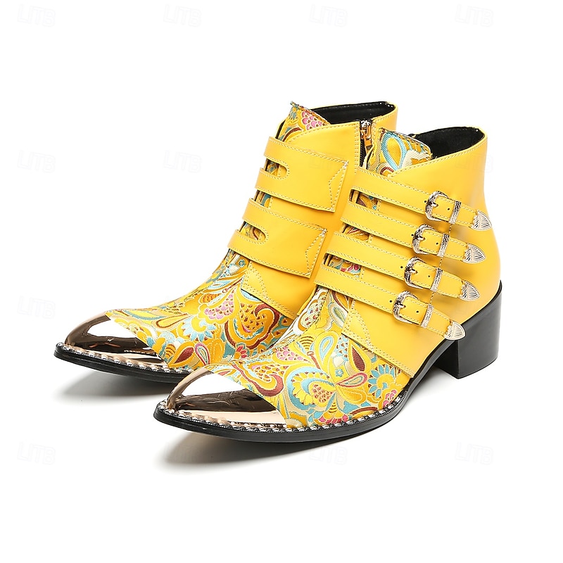 Men's Genuine Cowhide Leather Yellow Embroidered Ankle Boots with Multi Buckle Straps – Unique Gothic Style Party and Concert Footwear2