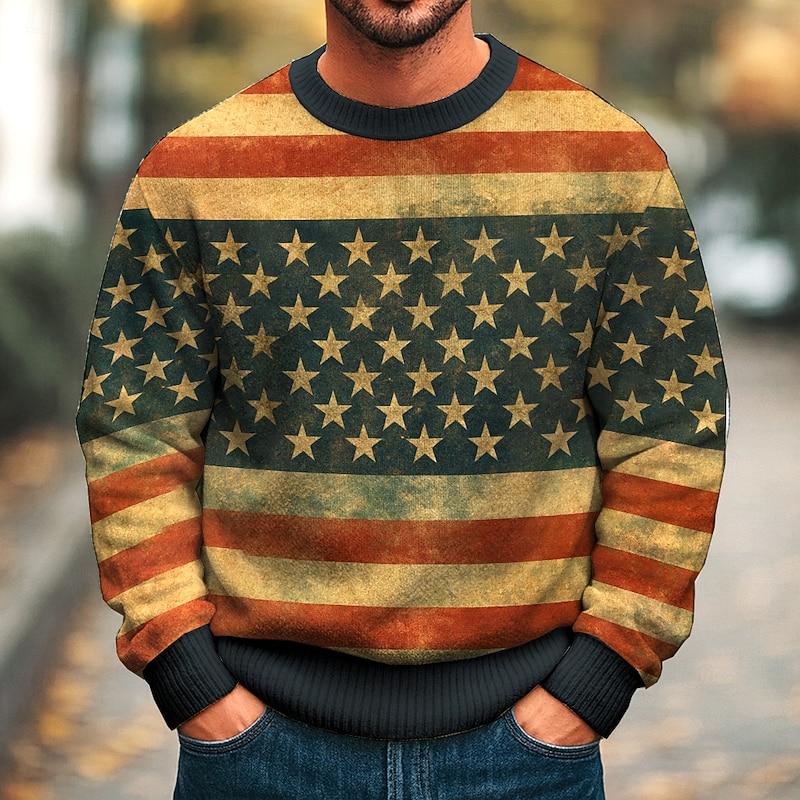 Christmas Men's Snowflake American Flag Pullover Sweater Jumper Knitwear Crewneck Casual Vacation Street Daily Patchwork 3D Print Knitting Long Sleeve Fall Winter Black Blue2