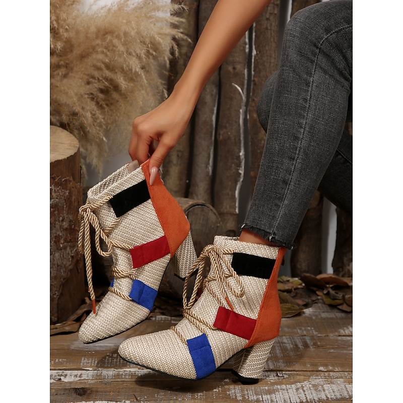 Women's Boots Combat Boots Daily Lace-up Chunky Heel Pointed Toe Casual Knit Zipper Beige