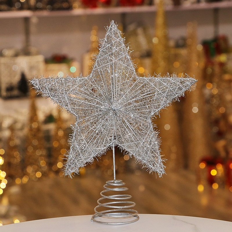 Christmas Tree Topper Star Led Light Xmas, Iron Five-Pointed Star, Lighted Hanging Ornament, Festive Holiday Tree Decoration, Xmas Home Tabletop Decor Gift3