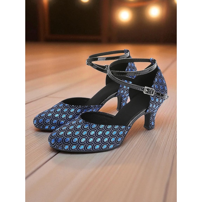 Women's Blue Patterned Ballroom Dance Heels - Vintage Gatsby Ankle Strap Shoes for Professional Dancing and Parties3