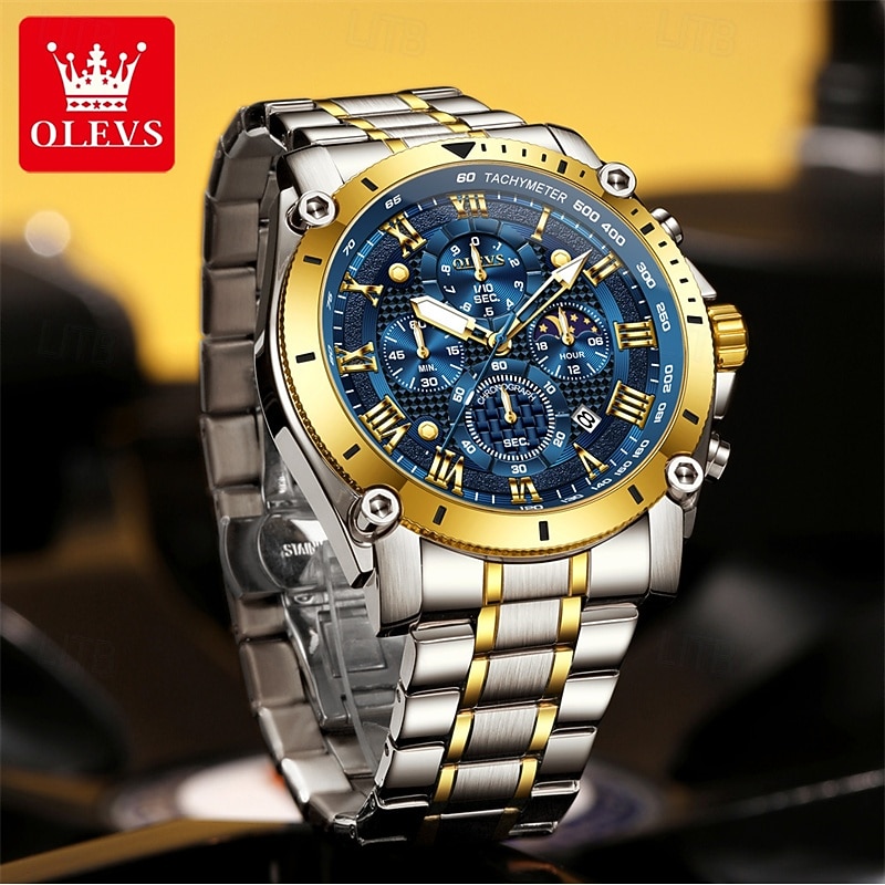 The New Olevs Men'S Steel Band Business Watch Moon Phase Luminous Calendar Chronograph 24-Hour Indication Quartz Watch Is A Fashionable Casual And Versatile Waterproof Sports Wristwatch2