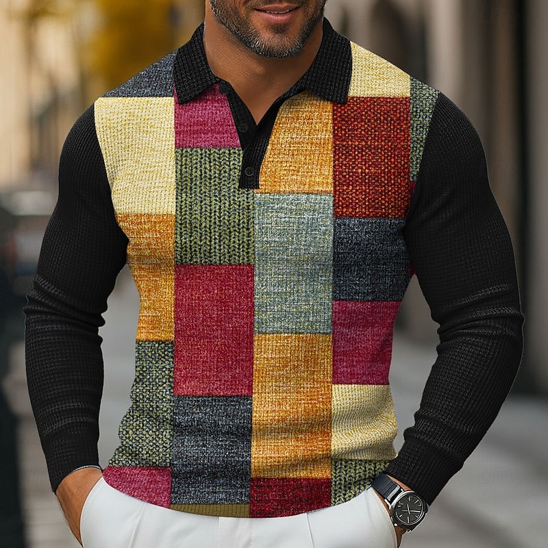 Men's Color Block Geometic Waffle Polo Shirts Long Sleeve Polo Shirts Collared Shirts Business Casual Business Wear to work Daily Wear 3D Print Buttons Spring Fall Winter Red 1 Red 4 Red 3