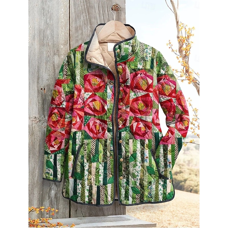 Women's Winter Jacket Puffer Jacket Warm Comfortable Pocket Buttons Print Fashion Daily Outdoor Floral Vacation Casual Daily Single Breasted Regular Stand Collar Regular Fit Long Sleeve Outerwear Red2