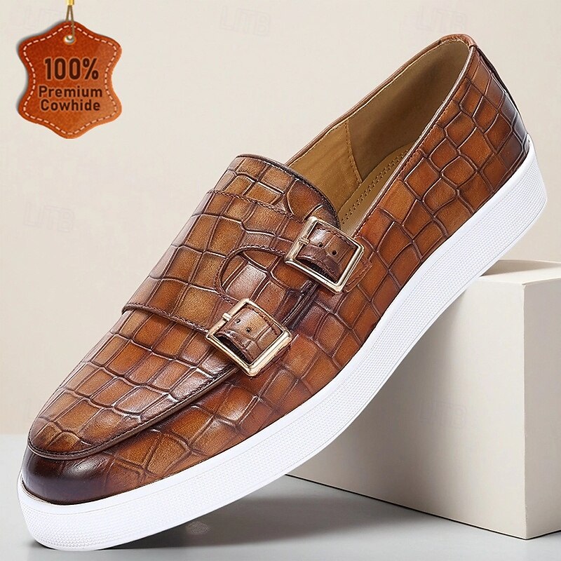Men's Genuine Leather Crocodile Pattern Loafers with Double Buckle – Luxury Slip-On Dress Shoes for Business, Weddings and Formal Occasions