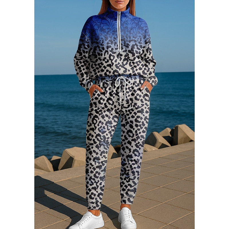 Women's Sweatshirt Tracksuit 2 Piece Tracksuit Baggy Leopard Clothing Suit Fall Royal Blue Vocation Outdoor Travel Lightweight Fashion Long Sleeve Sport Activewear Micro-elastic Regular Fit