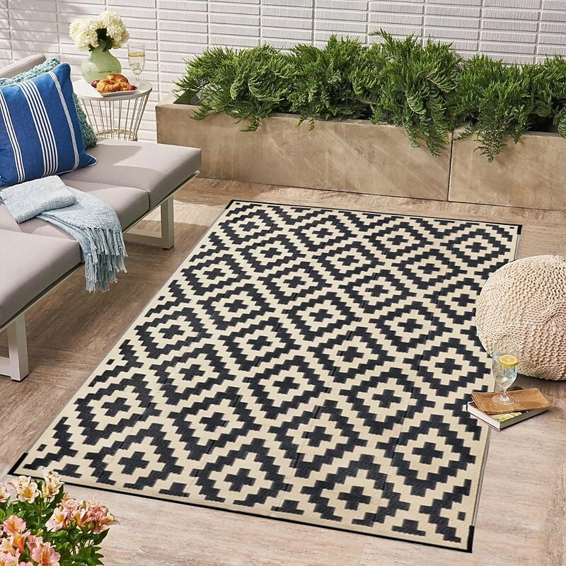 Outdoor Mat Heavy-Duty Plastic Straw Indoor/Outdoor Mat, Beige & Brown Floral pattern, Non-Slip Patio Mat for Deck, RV, Camping, Balcony, Backyard - Easy-Clean Floor Protection, Outdoor Rugs High Qual4