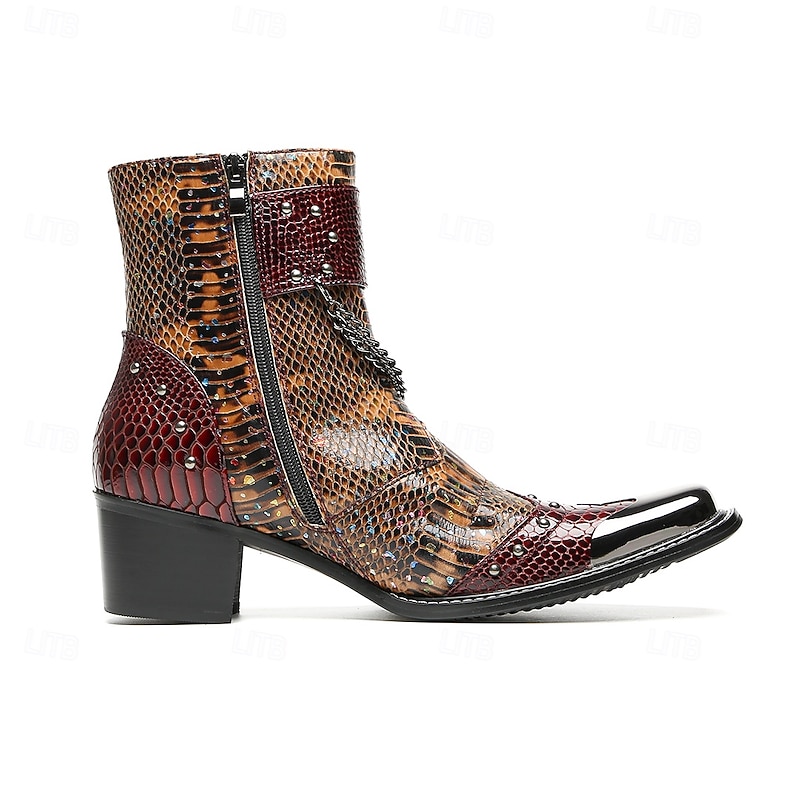 Men's Genuine Leather Snake Print Ankle Boots with Buckle Strap – Vintage Western Style Cowboy Boots for Stage, Parties and Fashion Shows4