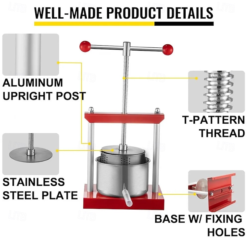 Wine Presser Grape Press For Wine Making, Wine Press Machine w/ Dual Stainless Steel Barrels, Wine Cheese Fruit Vegetable Tincture Press w/ Power Ball Handle & 0.1"/3 mm Thick Plate4