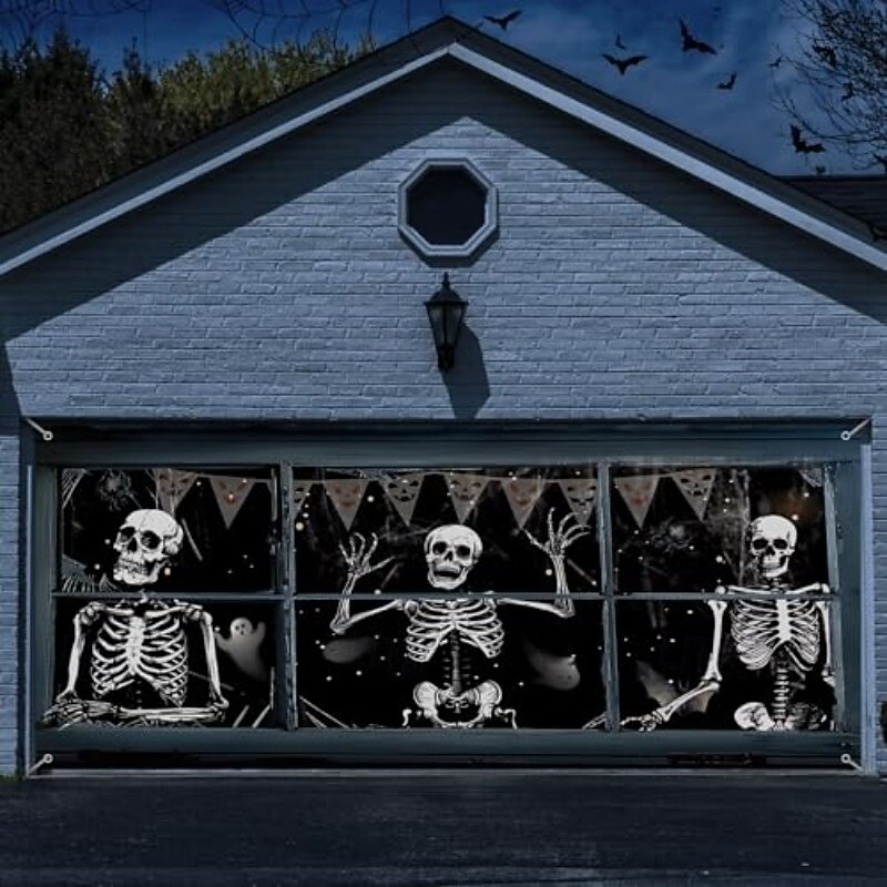 Halloween Garage Door Cover Skeleton Ghost Banner Large Outdoor Backdrop with Grommets Yard Front Porch Wall Decorations Spooky Holiday Party Scene