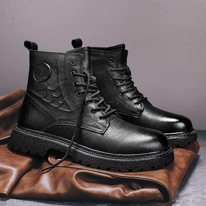 Black Faux Leather Men's Lace-Up Boots with Rounded Toe, Metal Button Detail, and Heavy-Duty Sole – A Must-Have for Motorcycle Riders, Rock Lovers, Casual Fashion and Street Style3