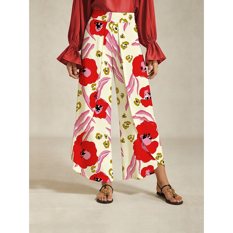 Women's Wide Leg Pants Satin Red Floral Print Front Overlap Slit Spring Autumn3