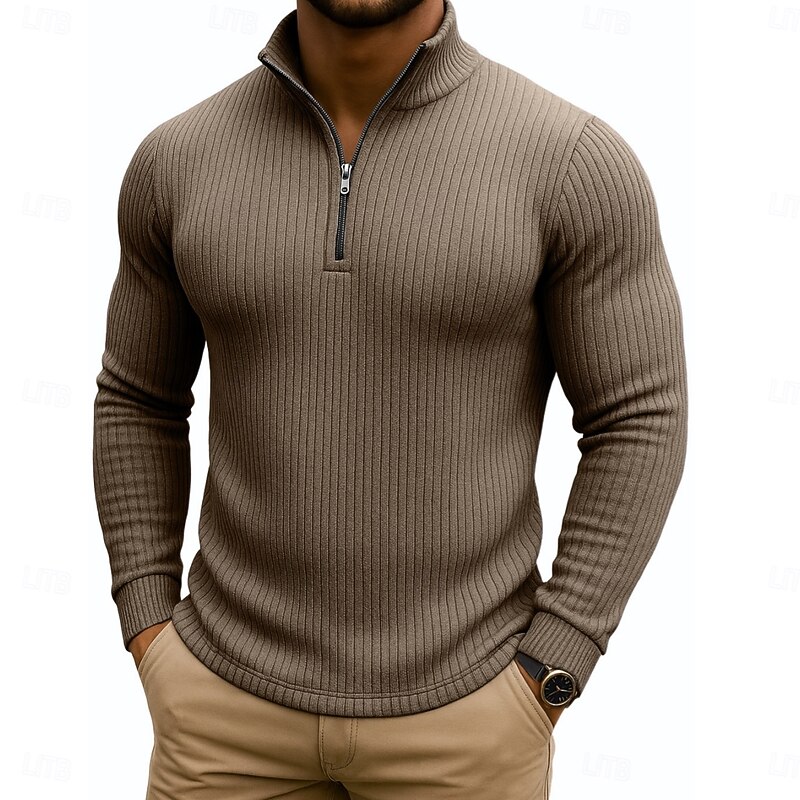 Men's T Shirt Ribbed Knit tee Tee Top Long Sleeve Shirt Long Sleeve Quarter Zip Spring Fall Winter Plain Pit Strip Fashion Designer Basic Knitting Vacation Street Casual Light Blue Navy Blue Purple4