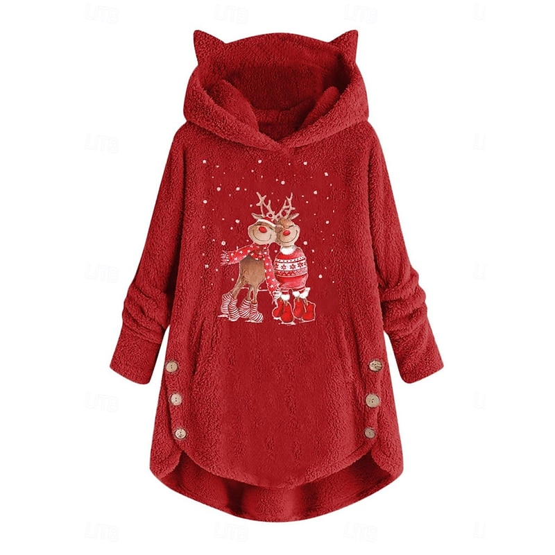 Women's Pullover Hoodie Sweatshirt Graphic Reindeer Casual Long Sleeve Hooded Crop Tops Street Dailywear Casual Pocket Print Pink Wine Gray Fall Winter2