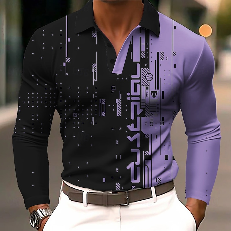 Men's Geometric Polo Long Sleeve Polo Shirts Lapel Business Casual Athleisure Daily Wear 3D Print Buttons Spring Fall Winter White Blue Purple4
