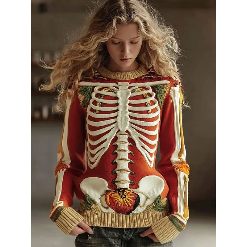 Halloween Women's Sweater Skeleton  Cute Streetwear Casual Graphic Skeleton Crew Neck Patchwork Knitted Long Sleeve Regular Tops KnitOrange Fall Winter