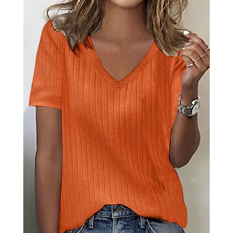 Women's Shirt Solid Color Stylish Casual Sleeveless Short Sleeve V Neck Regular Tops Daily Holiday Going out White Light Green Pink Red Camel Summer Spring