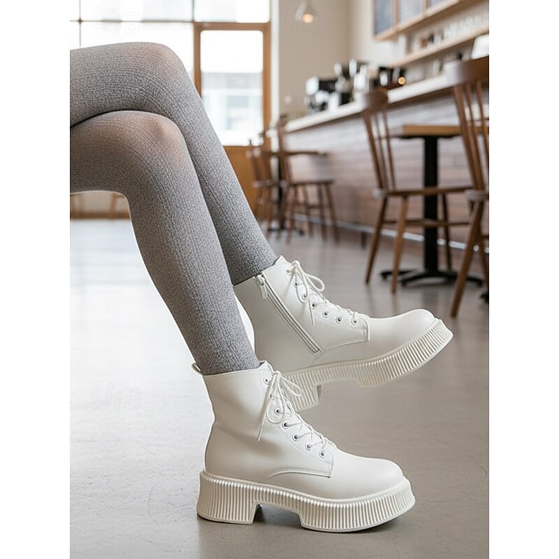 Women's Black Platform Combat Boots with Lace Up and Side Zipper- Chunky Sole Fashion Ankle Boots for Casual Streetwear and Fall Outfits3