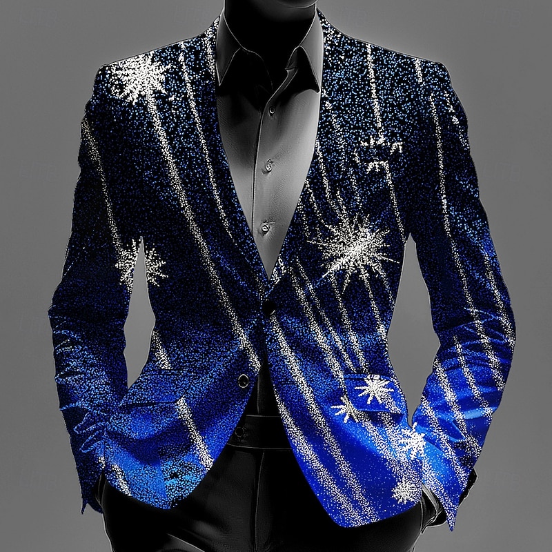 Men's Blazer Coat Christmas Casual Casual Daily Fall / Winter 100% Polyester Snowflake 3D Print Buttons Thermal Warm Comfortable Single Breasted Blazer Red Navy Blue Blue Purple