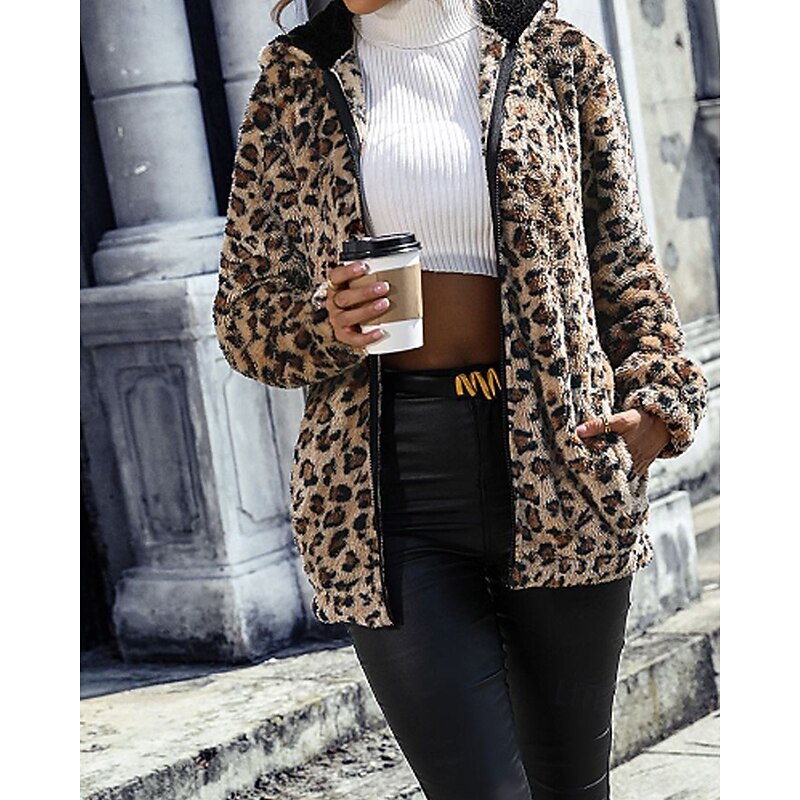 Women's Teddy Coat Hoodie Jacket Warm Comfortable Zipper Pocket Casual Leopard Vacation Casual Daily Wear Going out Regular Hooded Regular Fit Long Sleeve Outerwear Coffee Fall Winter3