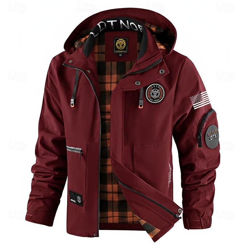 Men's US Flag Windbreaker Hooded Jacket Parka Waterproof Windproof Multi-Pockets Casual Outdoor Camping & Hiking Detachable Hood Full Zip Coat Outerwear Fall Winter Stand Collar Long Sleeve Black2