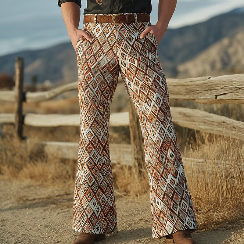 Men's Geometric Grid / Plaid Ethnic Disco Pants 60s 70s Bell Bottoms Mid Waist Western Vintage Retro Outdoor Vacation Casual Side Pockets Flared Leg Pants Trousers Spring Fall 3D Print Brown khaki
