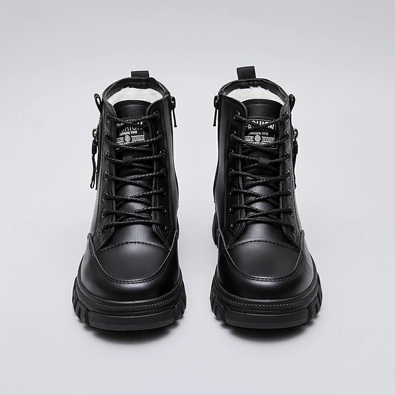 Women's Black Faux Fur Lined Platform Combat Ankle Boots, Cozy & Edgy with Non - Slip Lug Sole, Ideal for Winter4