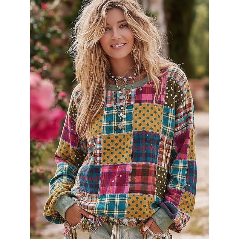 Women's Pullover Hoodies Floral Plaid Vintage Streetwear Casual Long Sleeve Crew Neck Hooded Regular Tops Dailywear Casual Drawstring Patchwork Print Yellow Spring Fall2