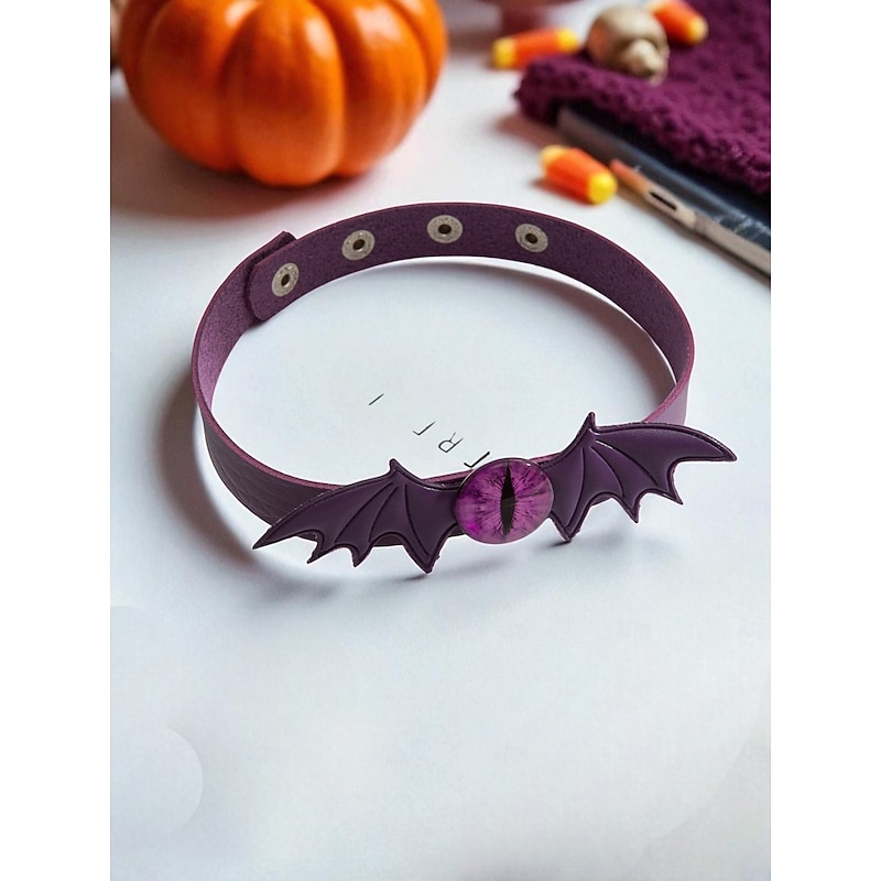 Women's Gothic Bat Choker Necklace - Purple Leather with Cat Eye Charm for Halloween Costume Party and Dark Fashion4