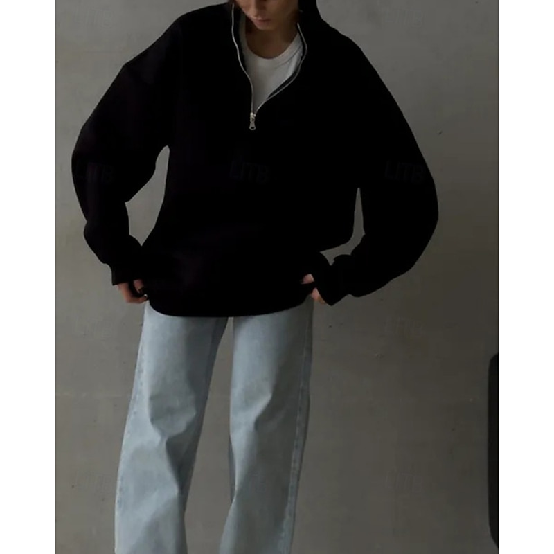 Women's Pullover Sweatshirts Zip Up Sweatshirts Plain Sports Fashion Casual Long Sleeve High Neck Regular Tops Street Dailywear Going out Half Zipper Quarter Zipper Zipper Black Fall Winter3