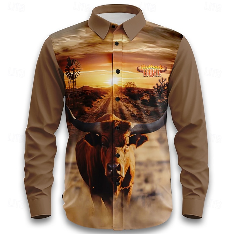 Men's Nature & Landscapes Sunset Cow Print Shirt Western Shirt Cowboy Shirt Long Sleeve Vintage Retro Outdoor Vacation Spring Fall Turndown 3D Print Linen Like Shirt Khaki