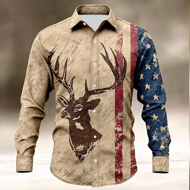 Men's Reindeer American US Flag Shirt Button Up Shirt Long Sleeve Vintage Retro Outdoor Camping & Hiking Hunting Spring Fall Turndown 3D Print Linen Like Shirt Light Khaki Khaki