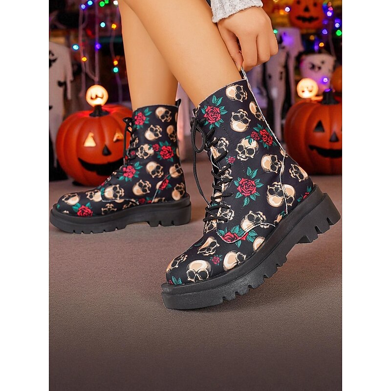 Women's Halloween Skull Print Combat Boots – Lace-Up Chunky Sole Ankle Booties with Roses for Gothic Festival and Cosplay Party Look2
