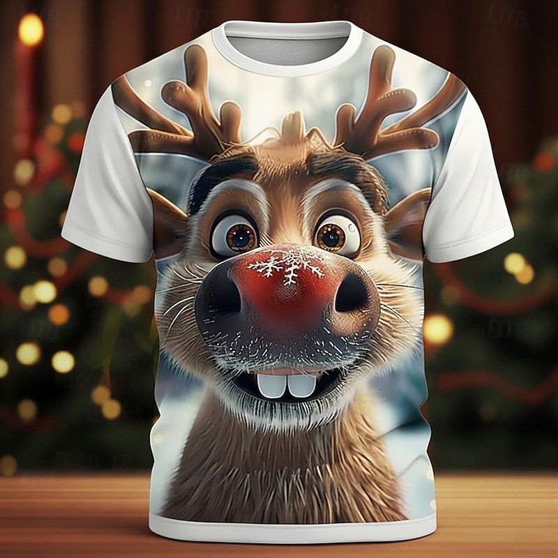 Christmas Men's Elk T Shirt Short Sleeve T shirt 3D Print Crew Neck Shirt Daily Designer Artistic Vacation Party Street White Red Red 2 All Seasons Clothing Apparel S M L XL XXL XXXL2