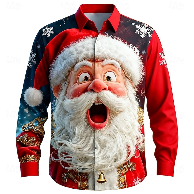 Christmas Men's Santa Claus Snowflake Human face Shirt Button Up Shirt Long Sleeve Funny Outdoor Holiday Spring Fall Turndown 3D Print Collared Shirts Red 1 Red