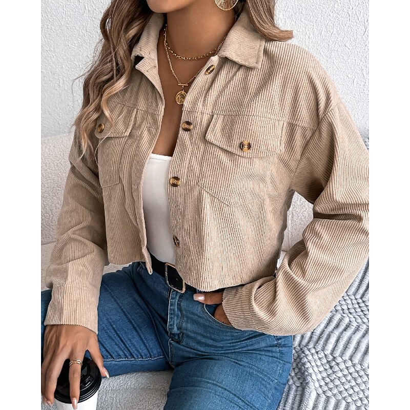 Women's Jacket Casual Jacket Comfortable Pocket Buttons Casual Plain Vacation Street Daily Wear Going out Short Turndown Regular Fit Long Sleeve Outerwear Black Pink Khaki Fall Winter2