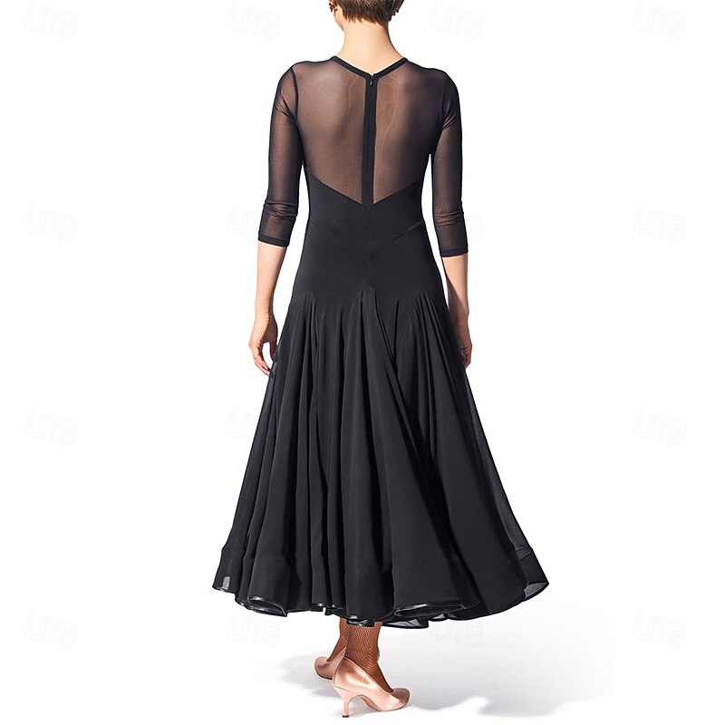 Women's Black Ballroom Dance Dress with Sheer Mesh Sleeves and V-Neckline, Flared Skirt, Elegant Performance Wear for Latin, Tango, and Ballroom Events2