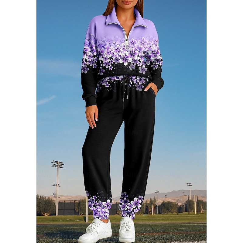 Women's Sweatshirt Tracksuit 2 Piece Tracksuit Drawstring Zip Up Floral Clothing Suit Fall Purple Vocation Outdoor Travel Lightweight Fashion Long Sleeve Sport Activewear Stretchy Regular Fit