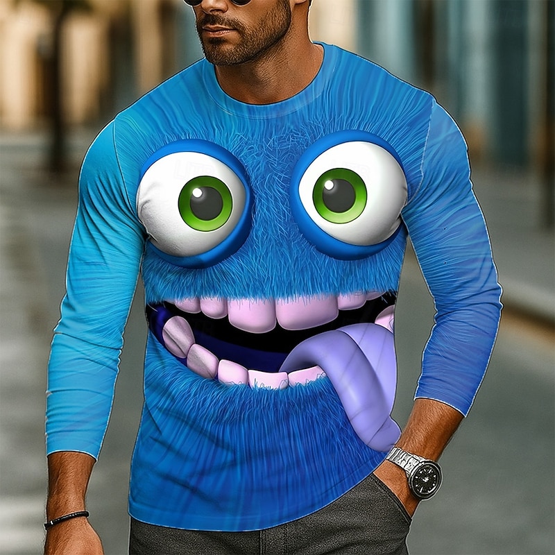 Men's 3D Funny Emotes T Shirt Long Sleeve T shirt 3D Print Crew Neck Shirt Fashion Exaggerated Street Daily Red Blue Green Summer Spring Fall Clothing Apparel S M L XL XXL XXXL