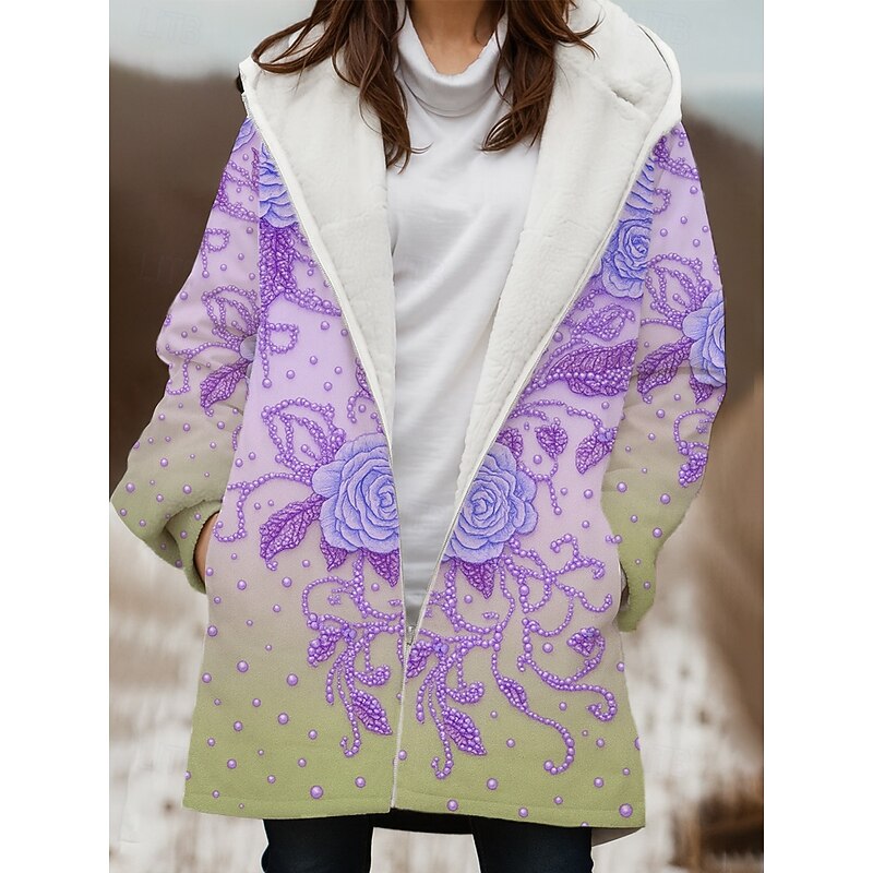 Women's Winter Coat Winter Jacket Windproof Warm Zipper Pocket Fleece Lined Casual Floral Outdoor Vacation Home Casual Long Hooded Regular Fit Long Sleeve Outerwear Pink Blue Purple Winter3