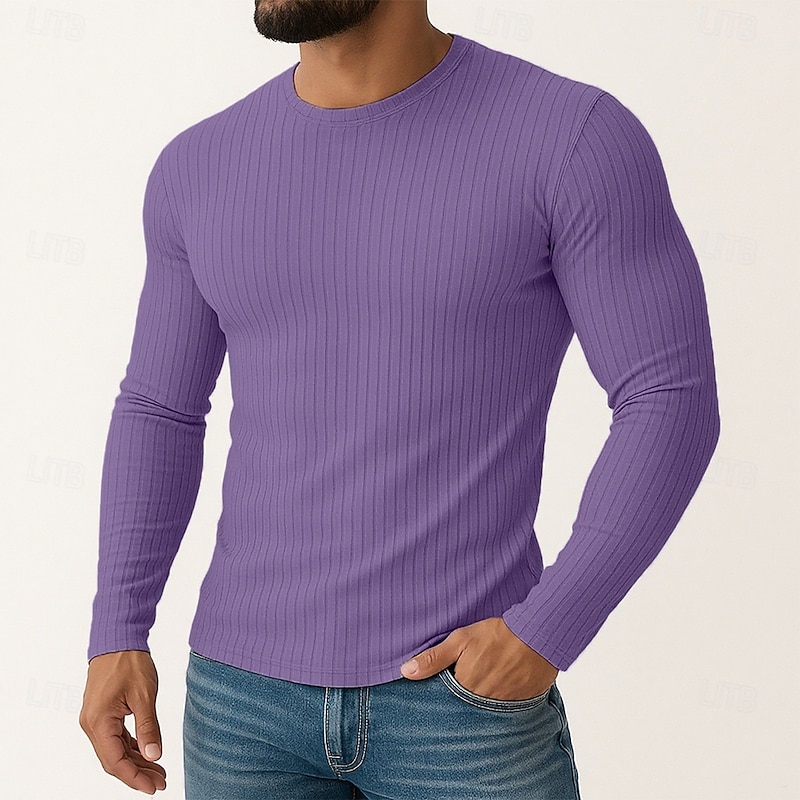 Men's Muscle Fit T Shirt Ribbed Knit Slim-Fit Tee Top Long Sleeve Crew Neck Spring Fall All Seasons Plain Textured Pit Strip Fashion Designer Basic Knitting Vacation Street Casual Black White Blue4