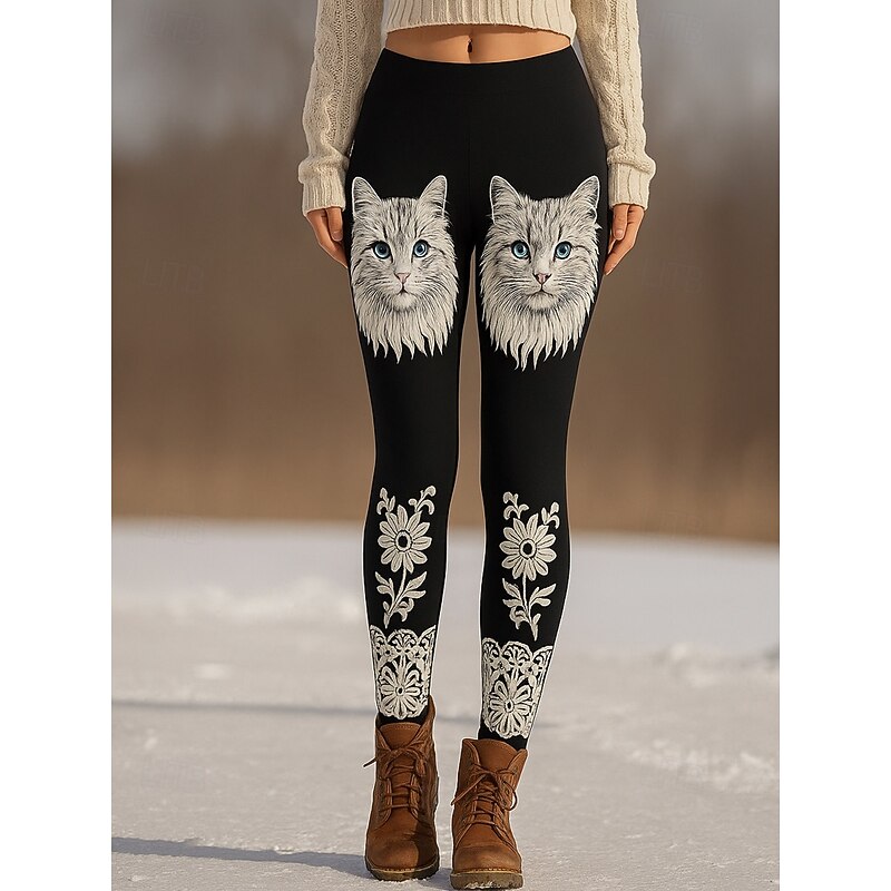 Women's Leggings Vacation Vintage Ethnic Style Full Length High Waist Graphic Cat 3D Print Quick Dry Breathability Soft Stretchy Outdoor Home Causal Black White Pink Blue Fall Slim Fit