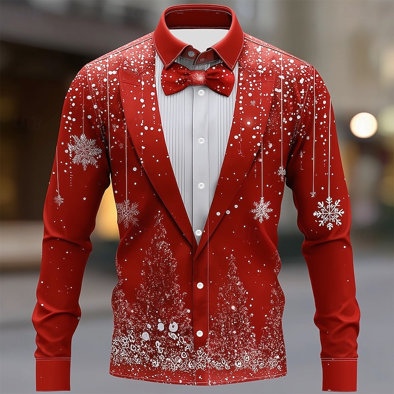 Christmas Men's Snowflake Christmas Costume Suit Tie Printed Tuxedo Shirt Button Up Shirt Long Sleeve Funny Outdoor Holiday Spring Fall Turndown 3D Print Collared Shirts Red 1 Red2