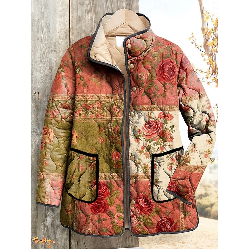 Women's Winter Jacket Quilted Jacket Warm Lightweight Print Active Vintage Cute Artistic Floral Casual Regular Stand Collar Regular Fit Long Sleeve Outerwear Pink Orange Fall Winter2