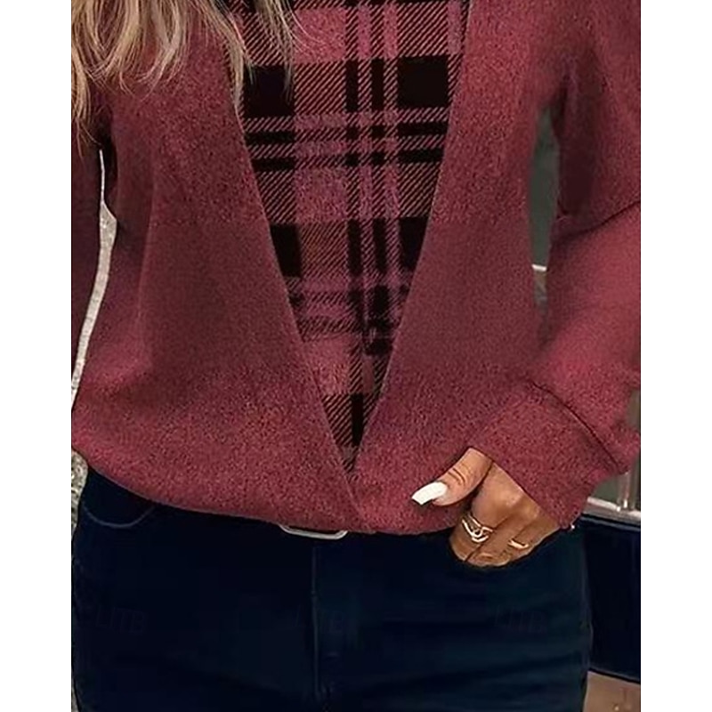 Women's Shirt Blouse Plaid Stylish Basic Casual Long Sleeve Square Neck Regular Tops Daily Holiday Print Wine Spring Fall Winter3