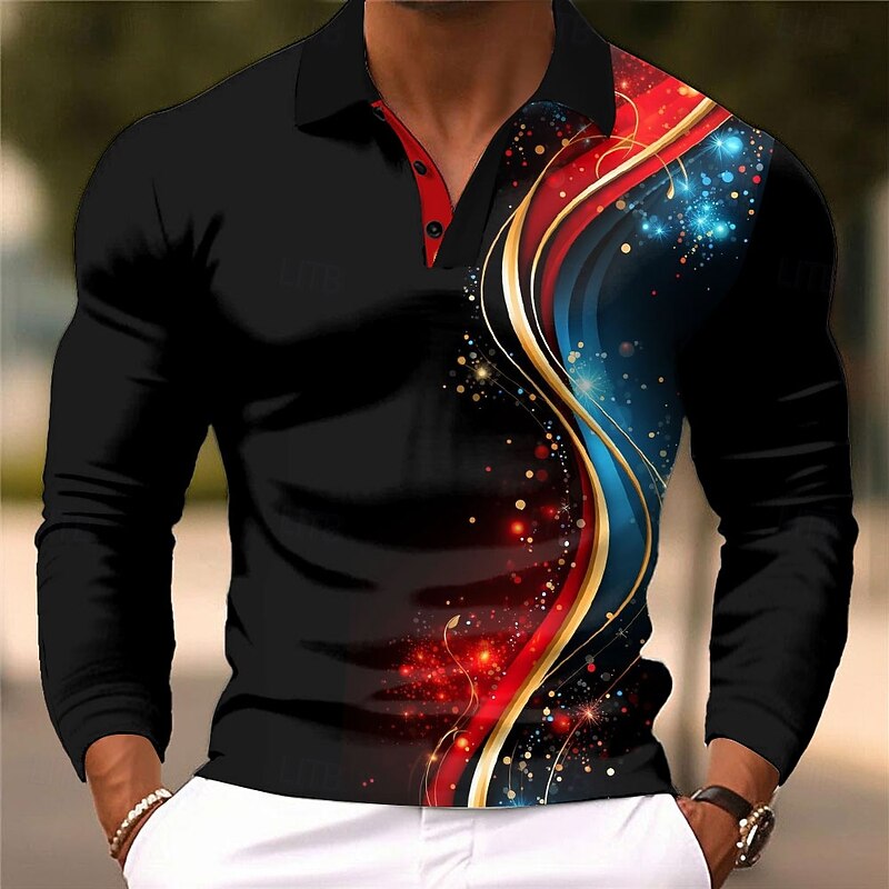 Men's Abstract Geometic Polo Long Sleeve Polo Shirts Collared Shirts Business Casual Business Athleisure Daily Wear 3D Print Buttons Spring Fall Winter Red Blue Green
