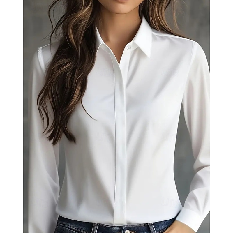 Women's Shirt Elegant Dressy Satin Plain Elegant Stylish Long Sleeve Shirt Collar Regular Tops Work Going out Buttons Black White Gray Spring Fall