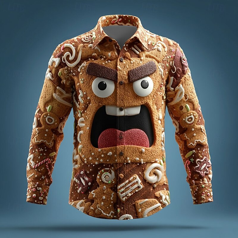 Christmas Men's 3D Cartoon Smile Face Gingerbread Man Shirt Button Up Shirt Long Sleeve Funny Outdoor Holiday Spring Fall Turndown 3D Print Collared Shirts Dark Khaki Light Khaki Khaki3