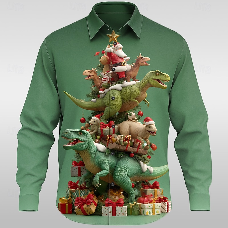 Christmas Men's Santa Claus Dinosaur Christmas Tree Shirt Button Up Shirt Long Sleeve Funny Outdoor Holiday Spring Fall Turndown 3D Print Collared Shirts Purple Green Khaki