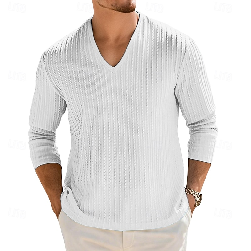 Men's Men V Neck Rib-knit Tee Ribbed Knit tee Tee Top Long Sleeve V Neck Summer Spring Fall Solid Color Plain Jacquard Modern Casual Comfortable Buttons Basic Plain Home Street Casual White Navy Blue2